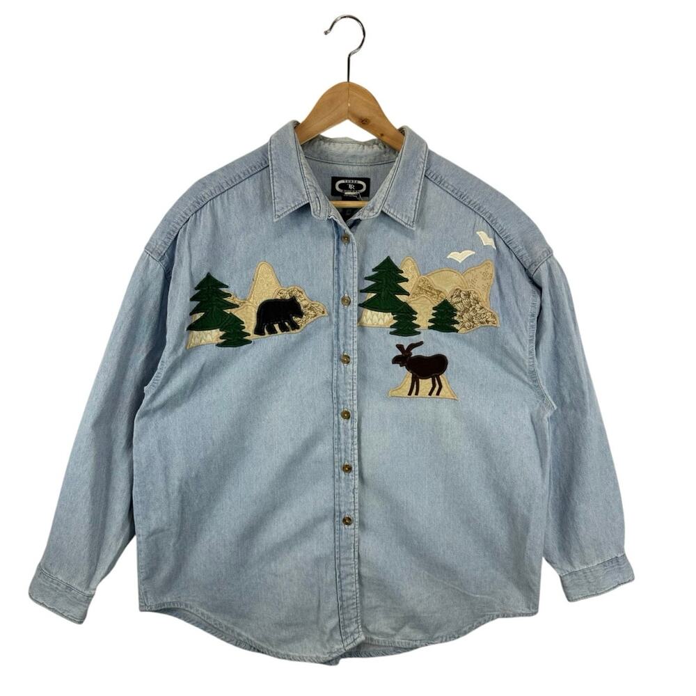 Vintage Three Rivers Denim Longsleeve Shirt Nature Embroidery Teacher Artsy XL